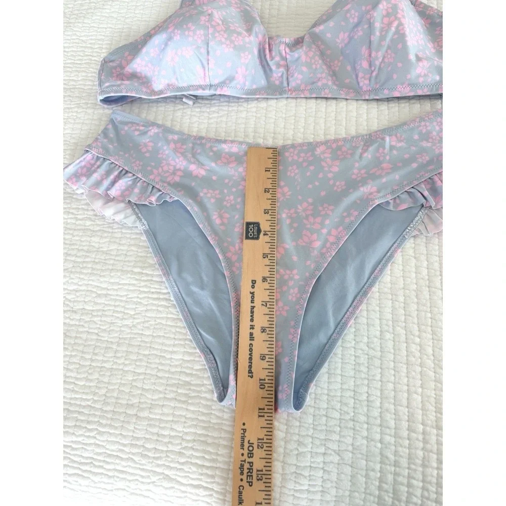 HM Pink Floral Ruffle Bikini Set Blue High Waist Two Piece Swimsuit Womens 16